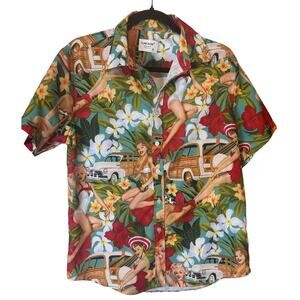 Vintage Tune Vuse Hawaiian Button Up Shirt Pinup girls Retro Woody wagon sz S